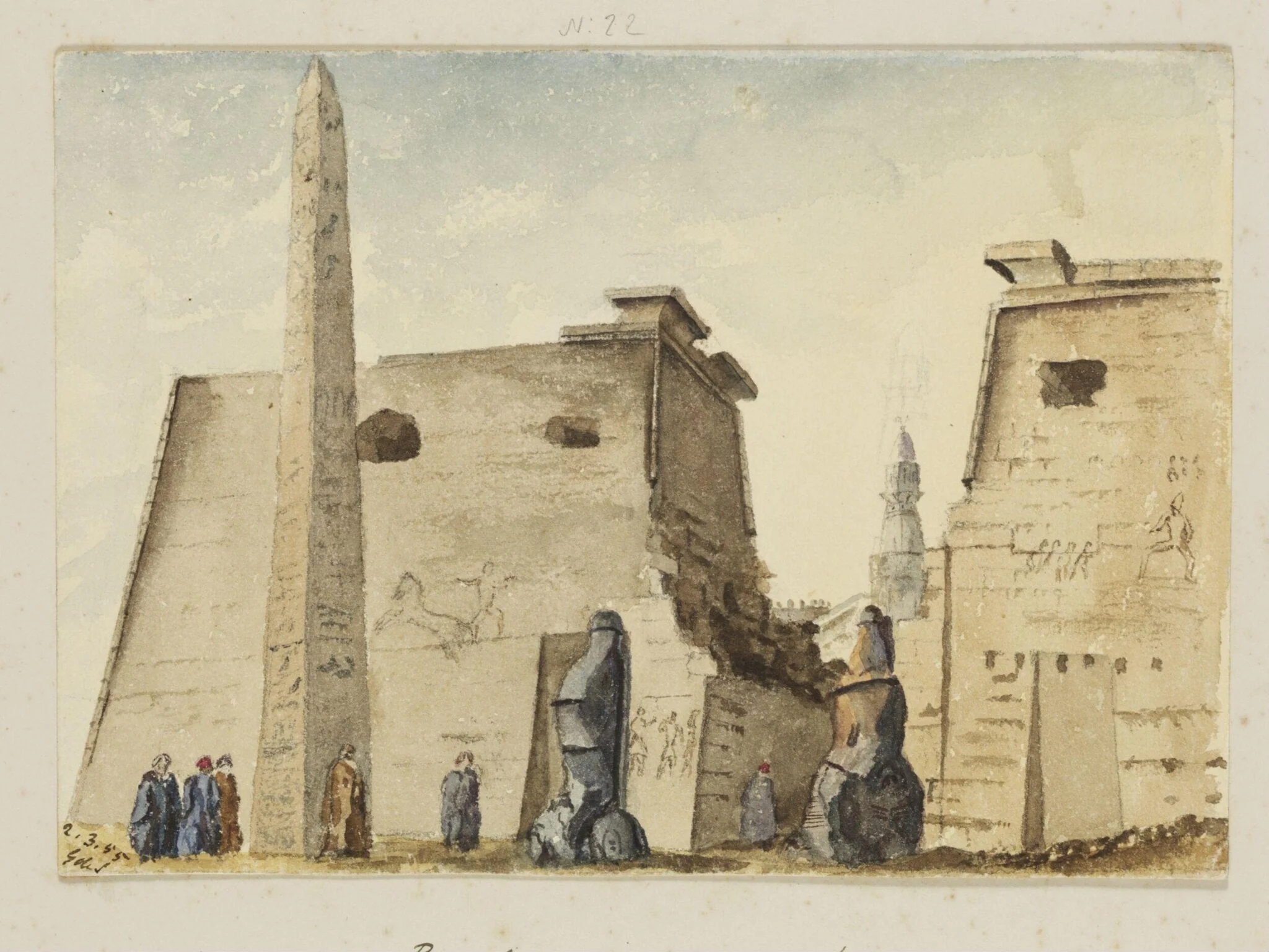 `Propyla of Great Temple.  Luxor, Thebaid', by George de Sausmarez, watercolor, 1855