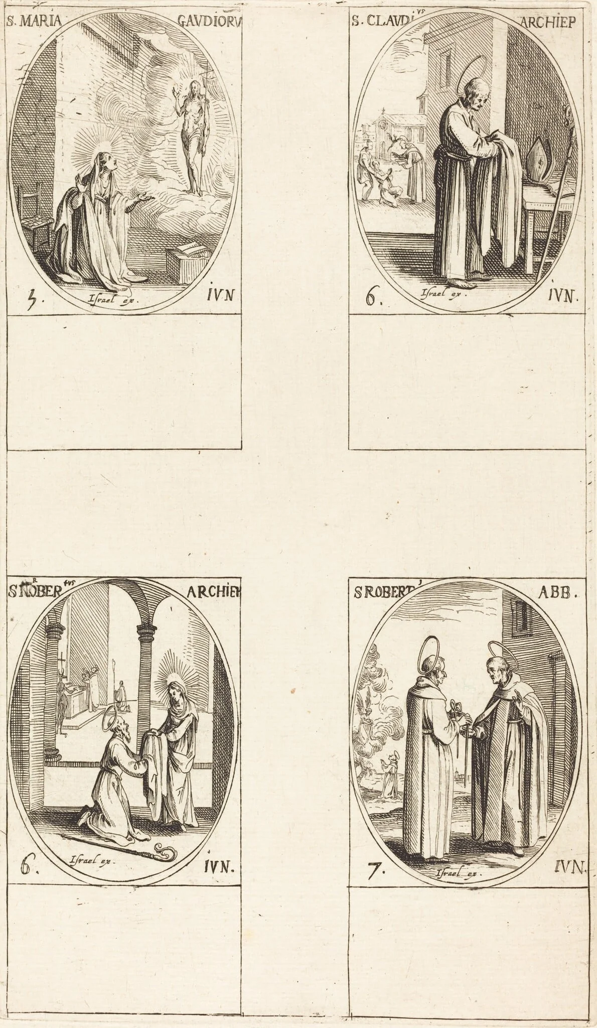 St. Maria Gaudioru; St. Cladius; St. Norbert; St. Robert, by Jacques Callot, ink, 1634