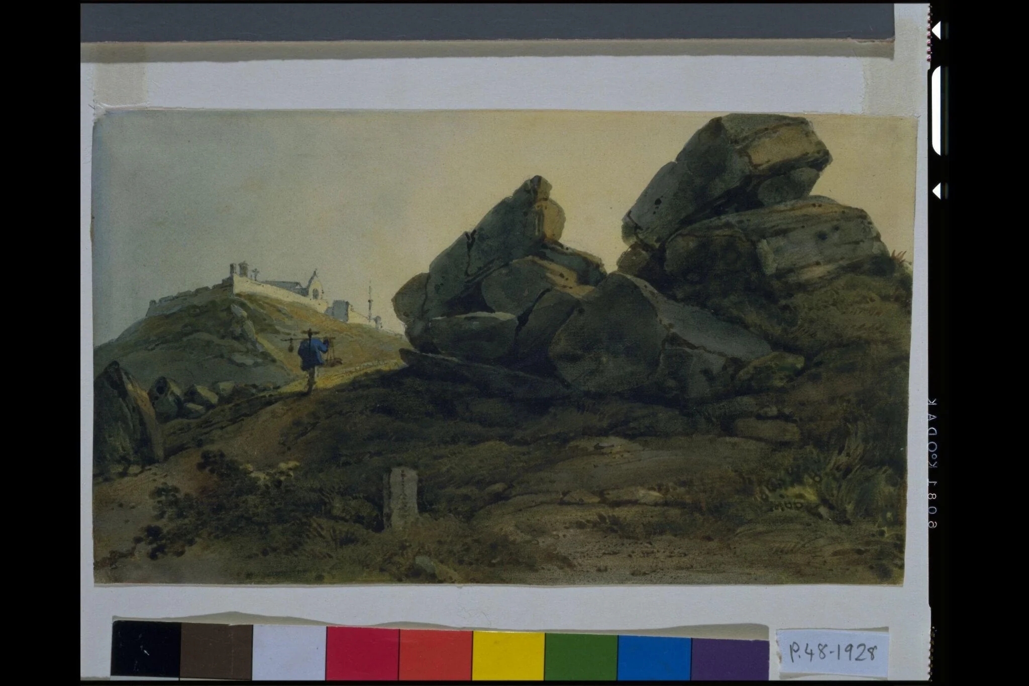 Rocks and a Hill Town, China, by George Chinnery, watercolor, 1825