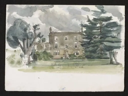 View of large stone house with lawn in front and large trees on either side