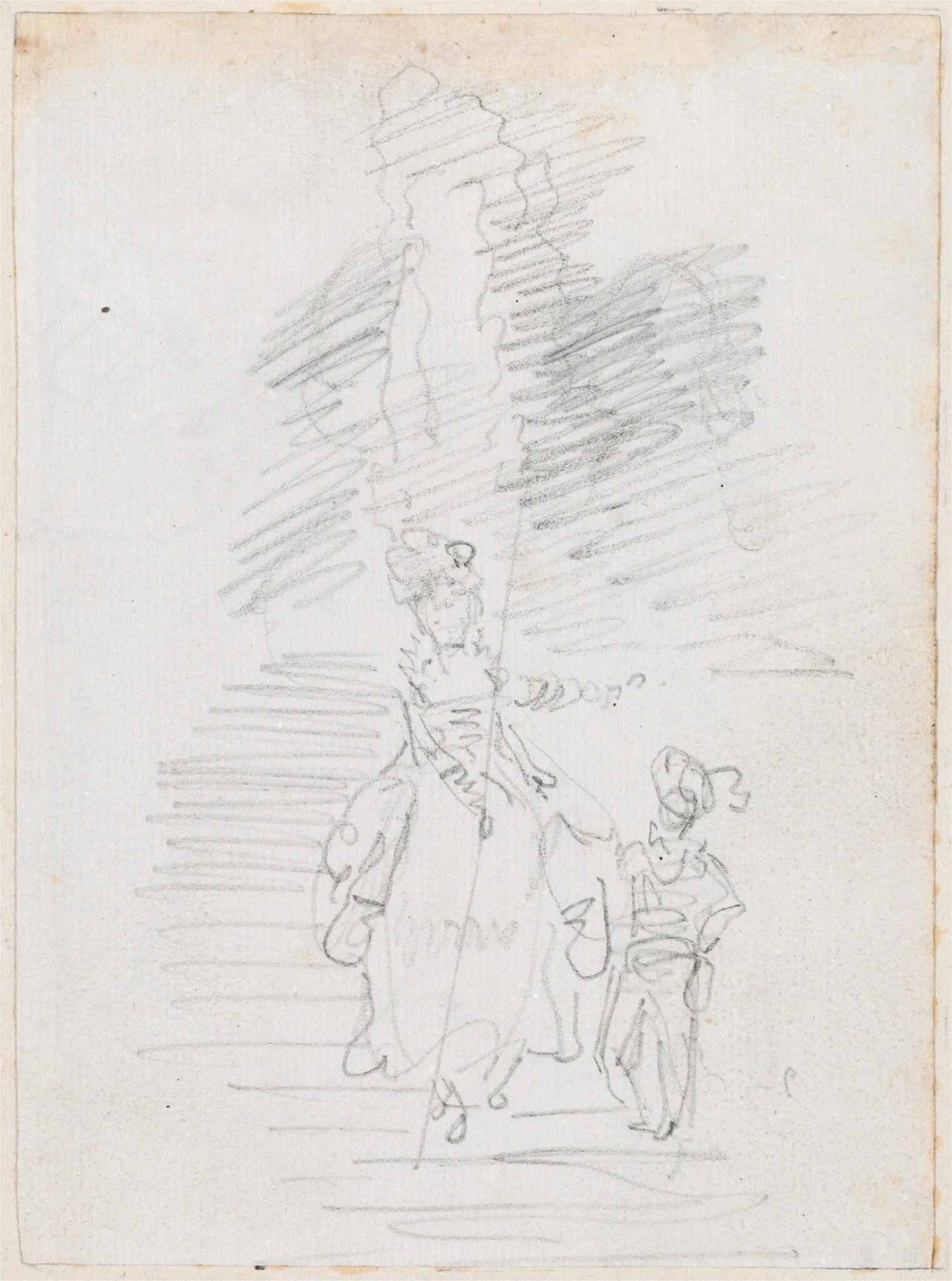 Woman and Smaller Male Figure on Grand Stairway [recto], by Hubert Robert, chalk, 1760