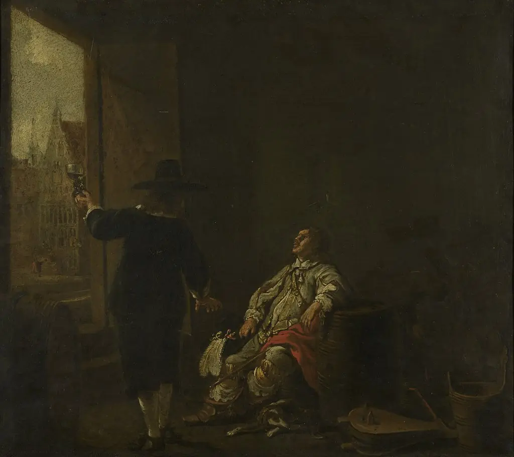 Signboard of a wineshop: tasting the wine (one side); barreling the wine (other side), by Aelbert Cuyp