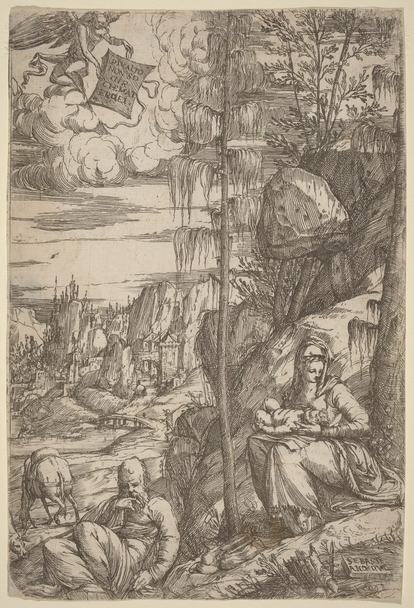 Landscape with the Rest on the Flight into Egypt, by Sebastiano de Valentinis, ink, 1544