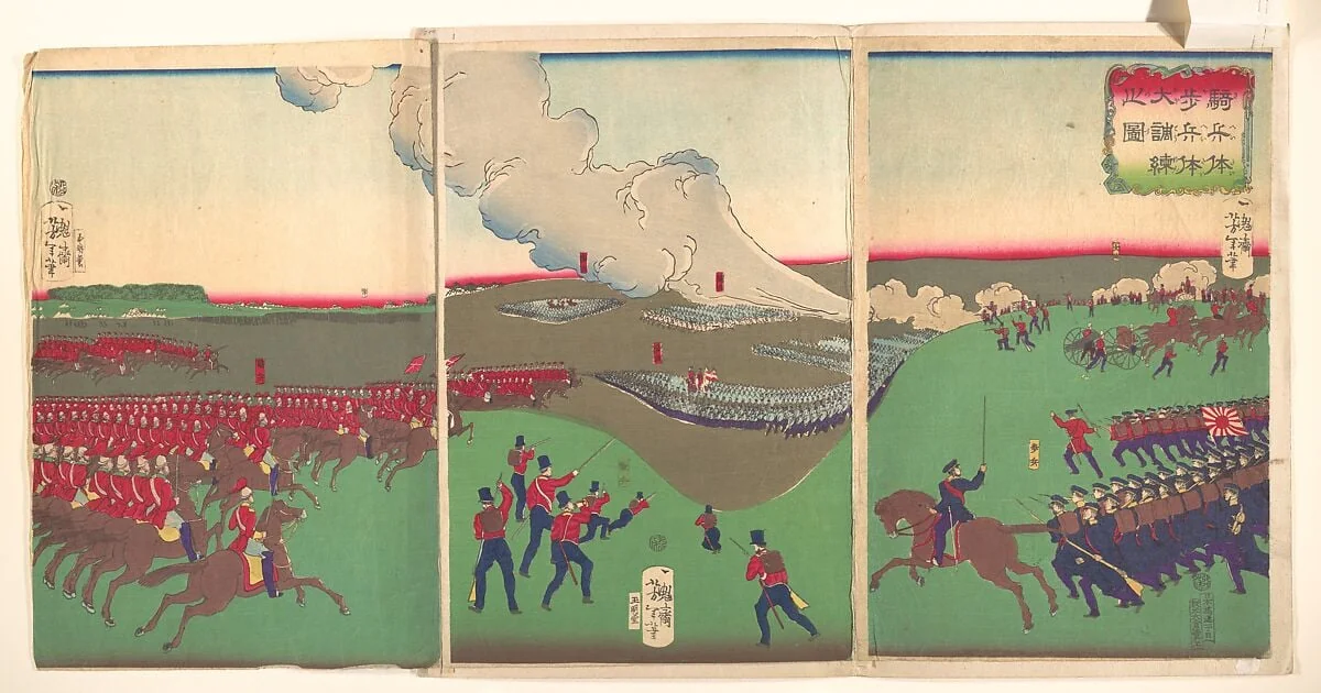 騎兵体歩兵体大調練之図|Illustration of Cavalry, Infantry and Soldiers Retreating (Kiheitai, hoheitai, daichōren no zu), by Yoshitoshi, ink, 8