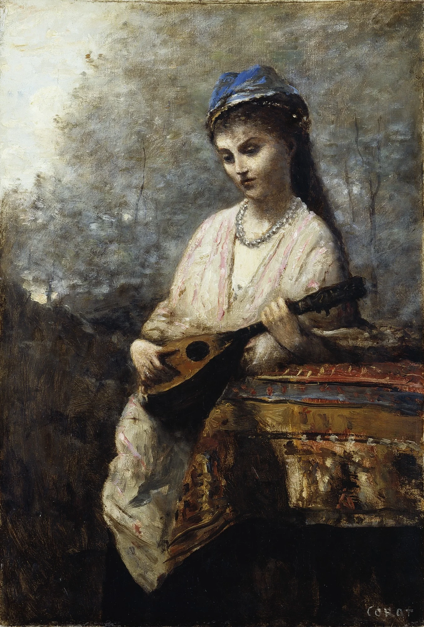 Young Girl with a Mandolin, by Jean Baptiste Camille Corot, oil, 1850