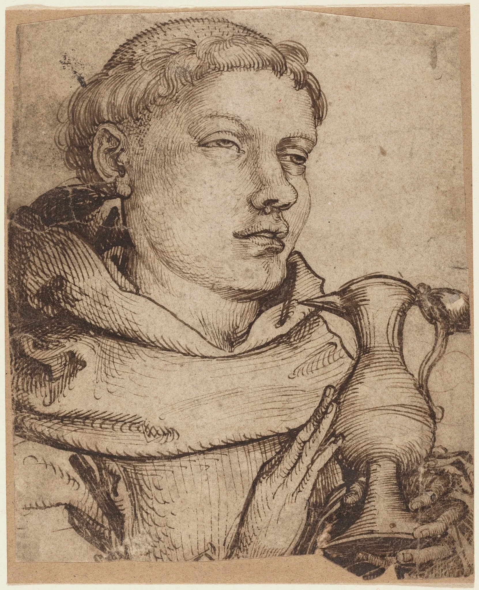 Bust of a Monk Assisting at Communion, by Martin Schongauer, ink, 1470