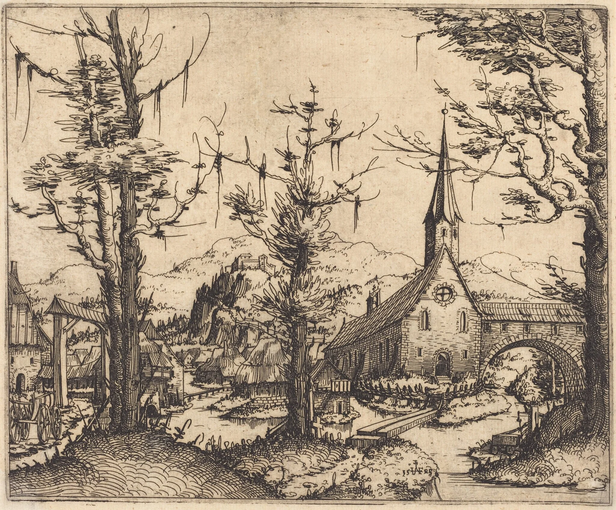 Landscape with a Village Church, by Augustin Hirschvogel, ink, 1545