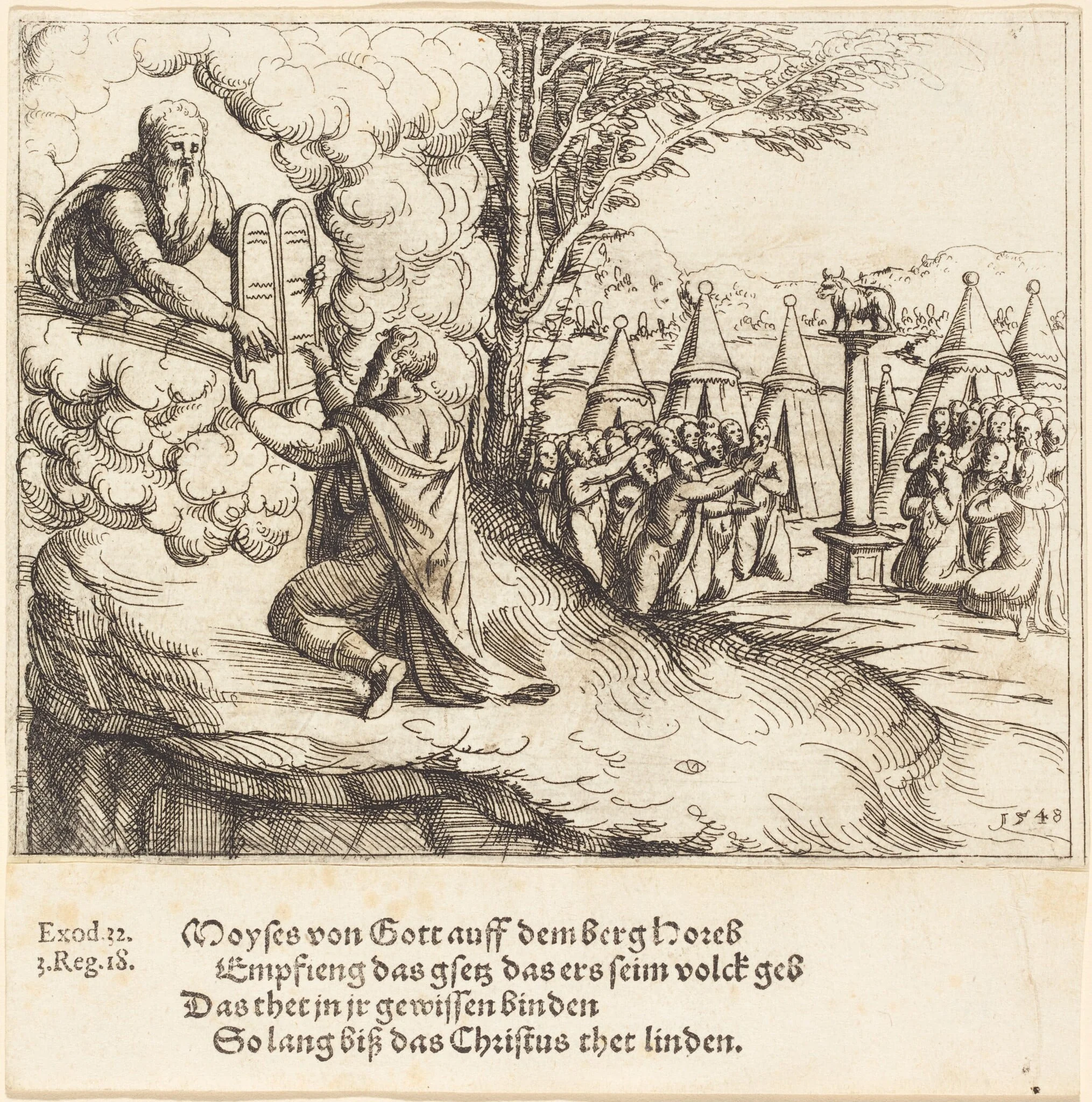 Moses Receiving the Tablets, by Augustin Hirschvogel, ink, 1548