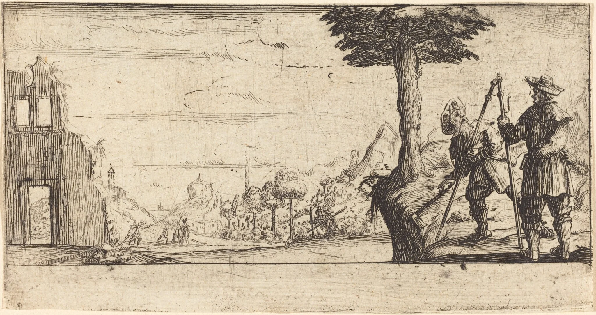 Landscape with Two Pilgrims, by French 17th Century, ink, 1650