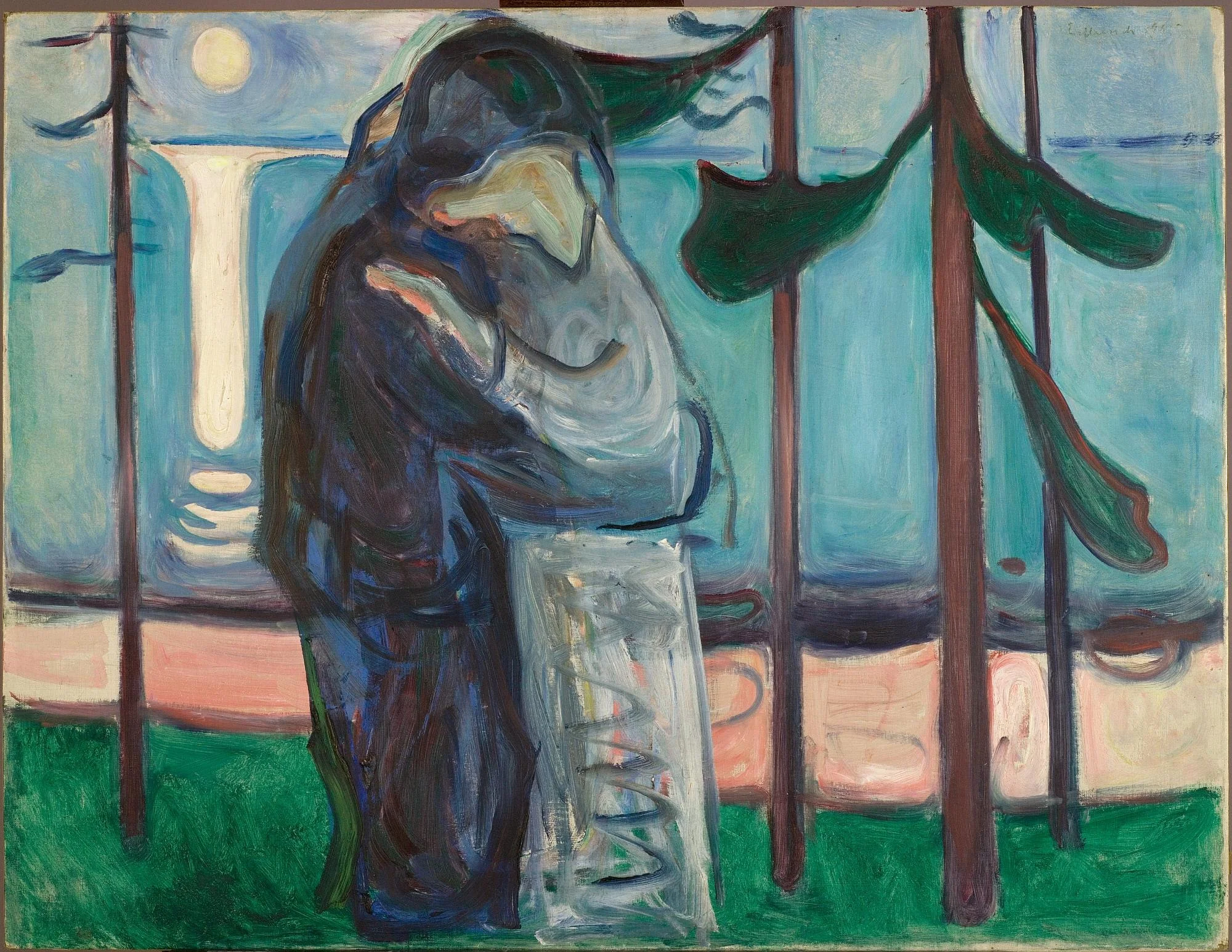 Kiss on the Shore by Moonlight, by Edvard Munch, oil, 1914