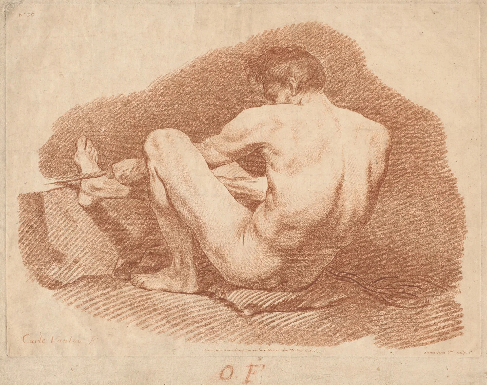 Seated Nude Man, Seen from Behind, Pulling a Rope, by Gilles Demarteau the Elder, chalk, 1760