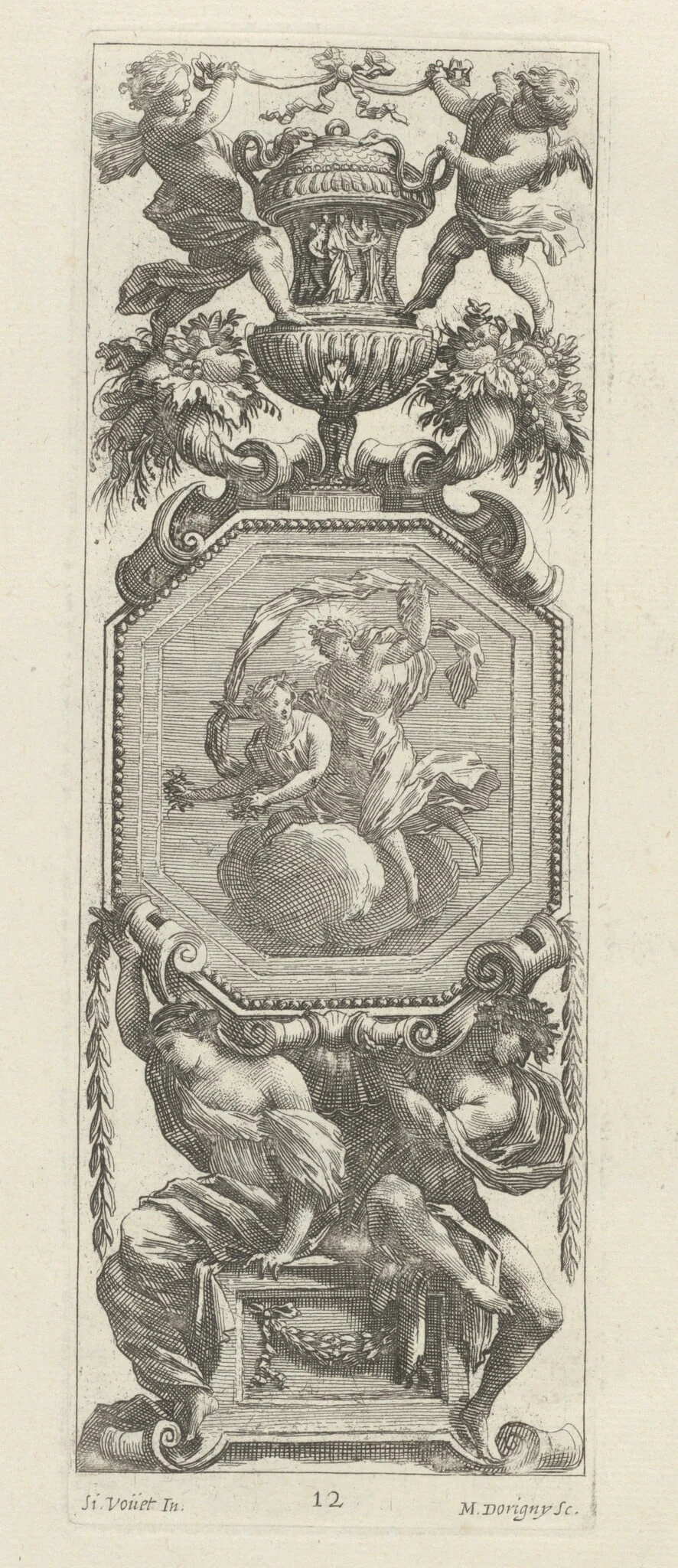 Ornamental Panel Surmounted by Two Putti and a Vase, by Michel Dorigny, ink, 1647