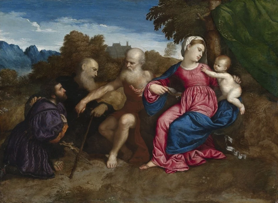 Virgin Mary and Child with Saints Jerome and Anthony Abbot and a Donor, by Paris Bordone, oil, 1522