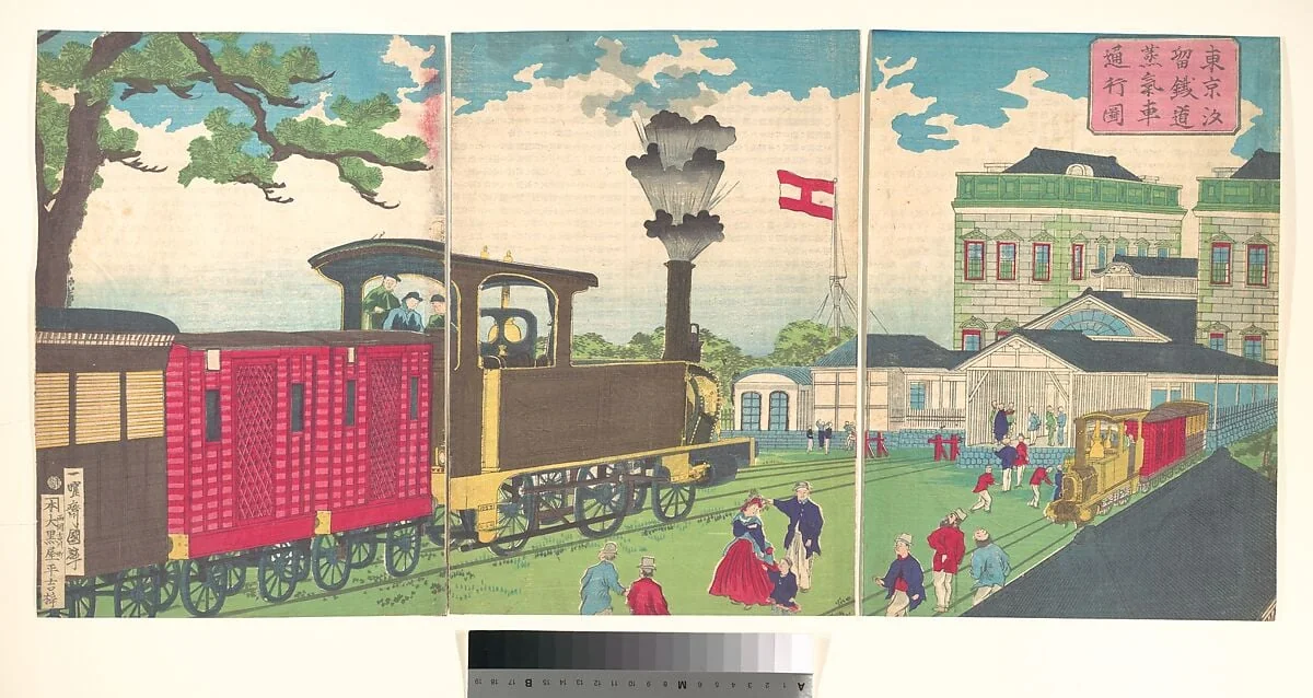 東京汐留鉄道蒸気車通行図|Illustration of a Steam Locomotive Passing Shiodome in Tokyo (Tōkyō Shiodome testudō jōkisha tsūkō zu), by Utagawa Kuniteru, ink, 1872