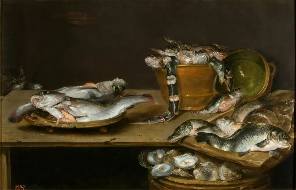 Still Life of Fish and Oysters with a Cat