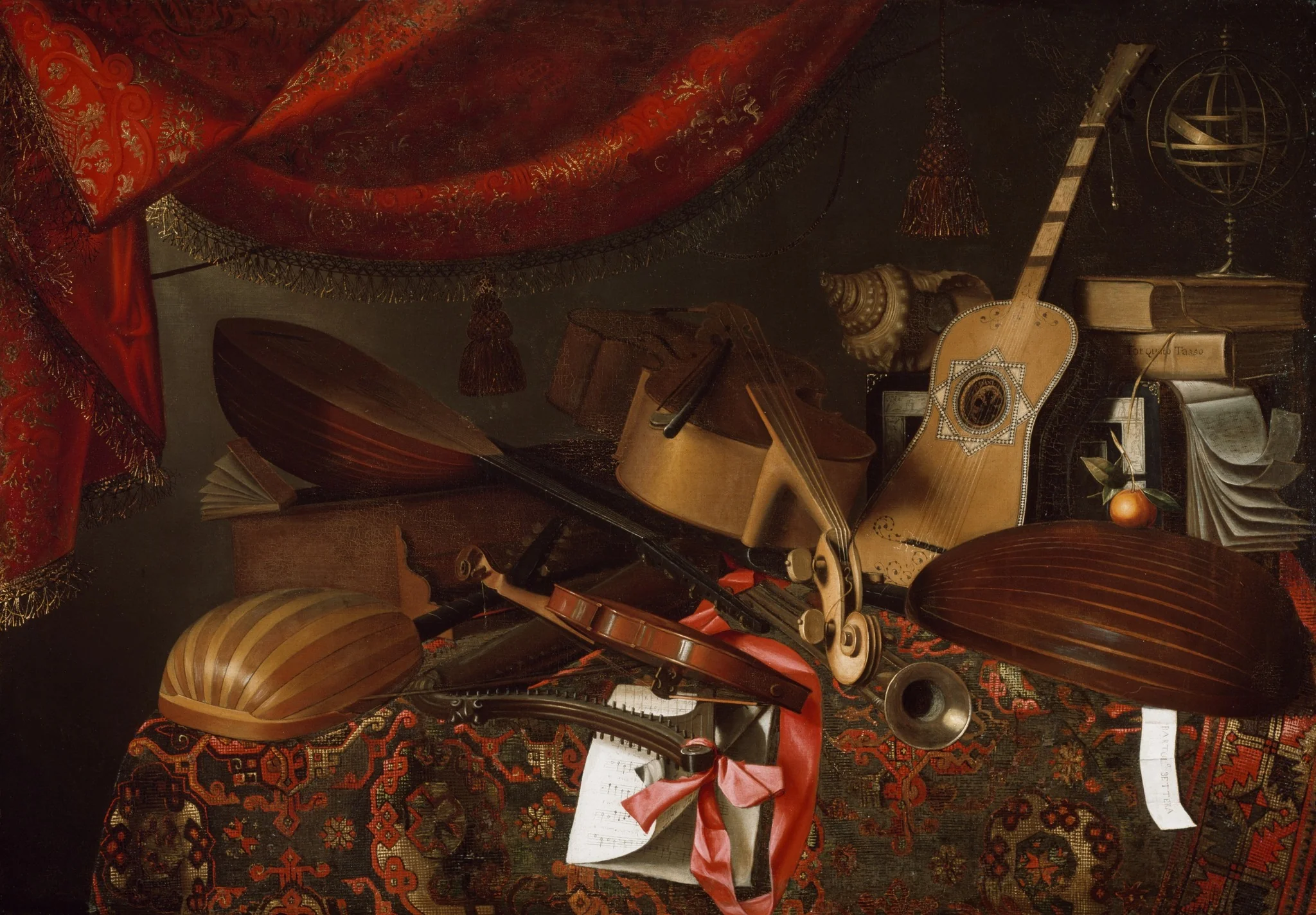 Still Life with Musical Instruments, by Bartolomeo Bettera, oil, 1629