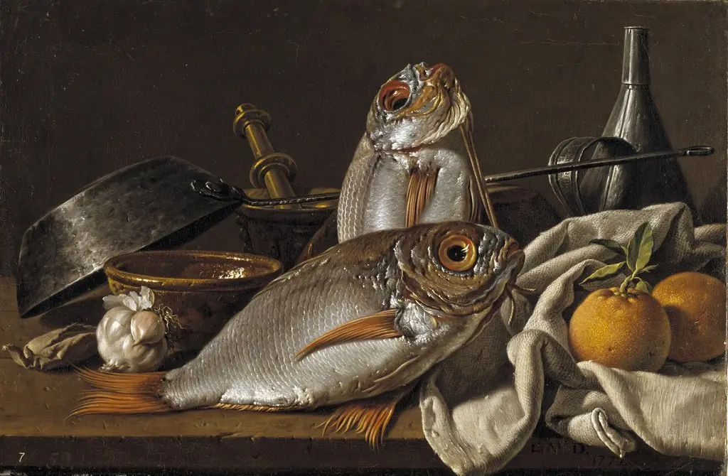 Still Life with Breams, Oranges, Garlic, Condiments, and Kitchen Utensils