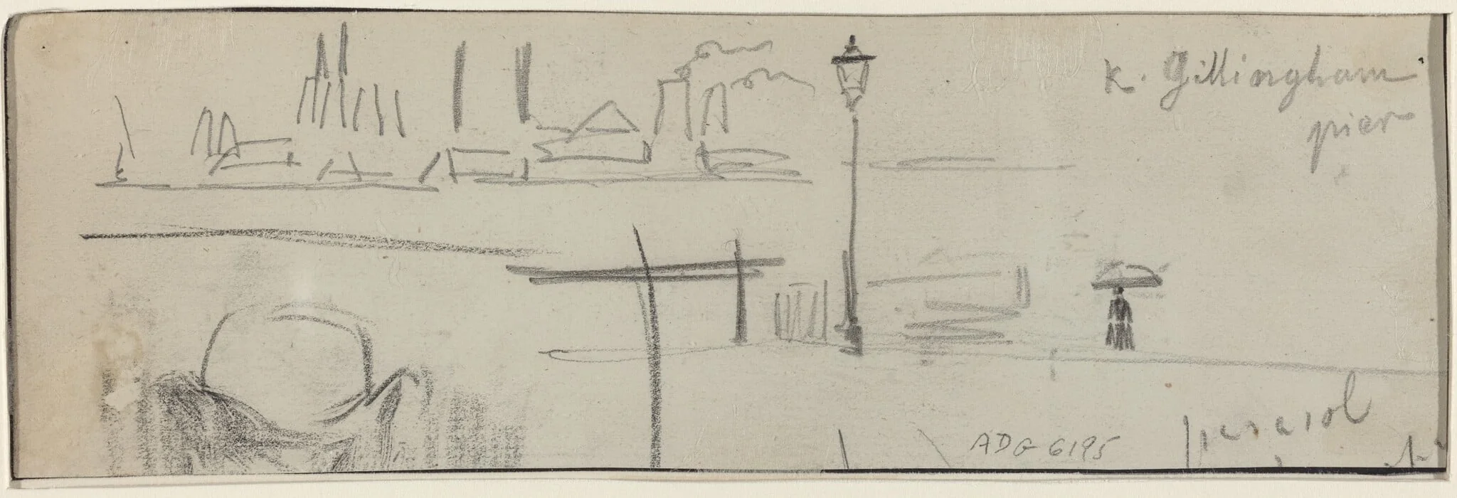 Gillingham Pier, London [verso], by Félix-Hilaire Buhot, chalk, 1884