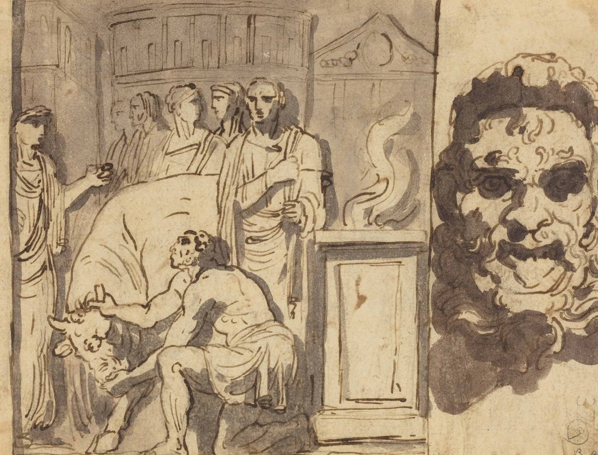 Ancient Sacrifice and Head of a Satyr, by Felice Giani, ink, 1790