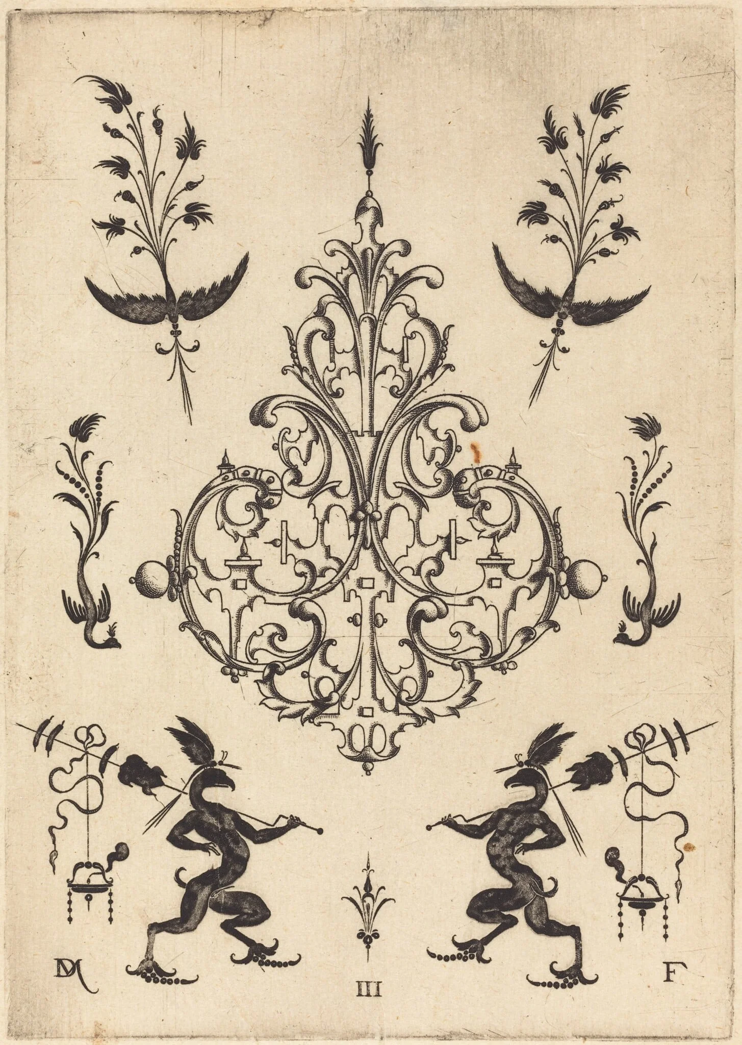 Brooch with Sprigs at Top and Griffins with Trophies at Bottom, by Daniel Mignot, ink, 1596