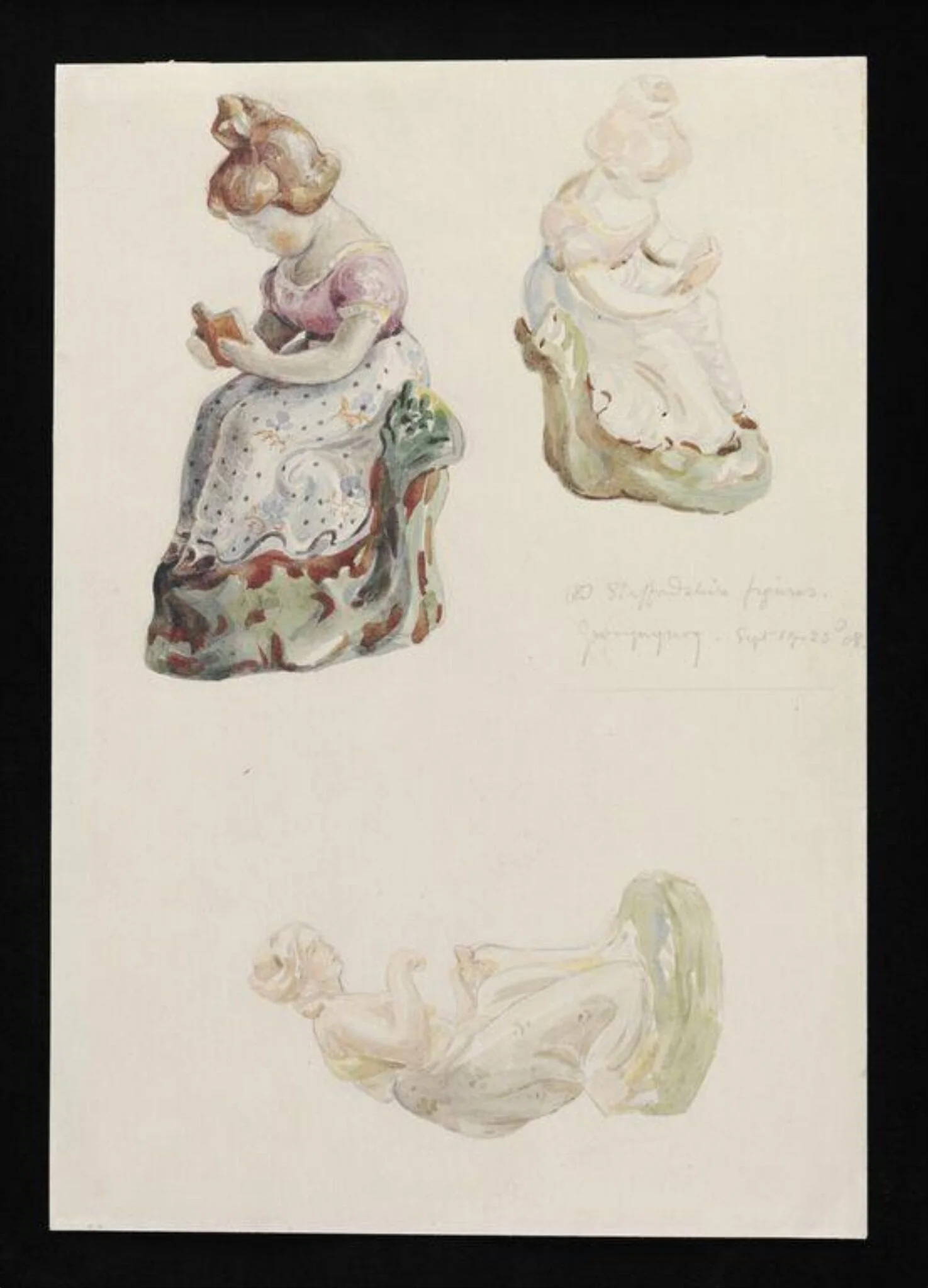 Three Staffordshire figures of women, by Beatrix Potter, watercolor, 14