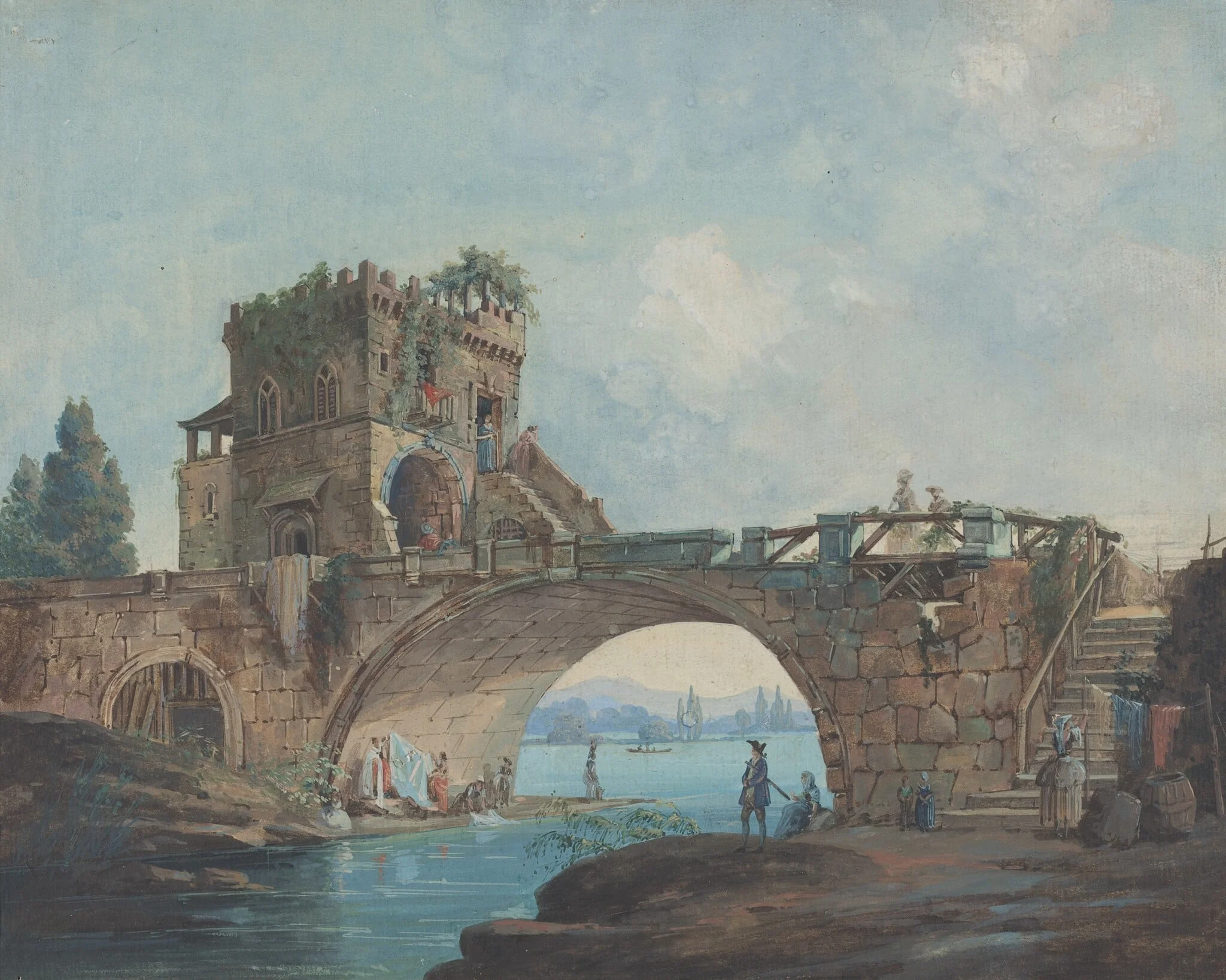 The Ponte Salario with Laundresses, by French 18th Century, gouache, 1780