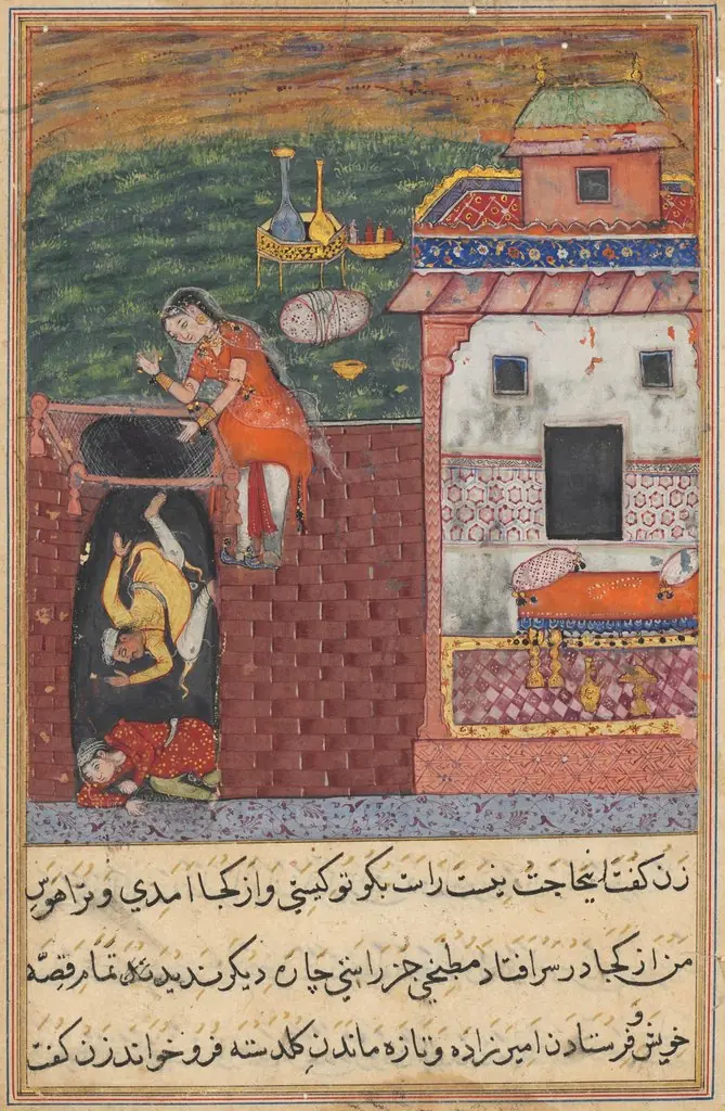 The two cooks, who attempt to seduce the warrior’s loyal wife, are trapped by her in a cellar, from a Tuti-nama (Tales of a Parrot): Fourth Night