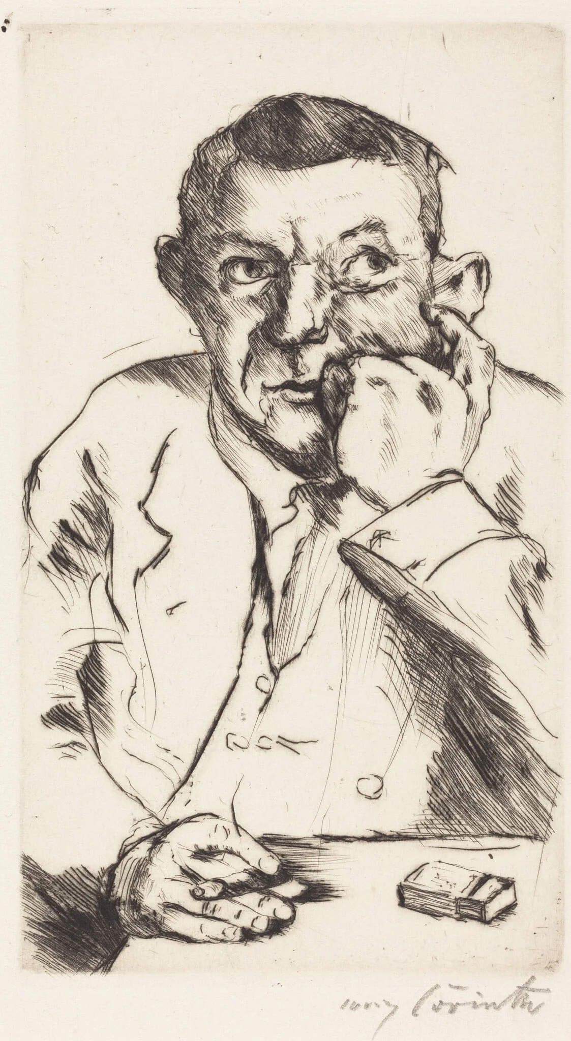 Männliches Bildnis mit Aufgestütztem Arm (Portrait of a Man Smoking), by Lovis Corinth, ink, 1916