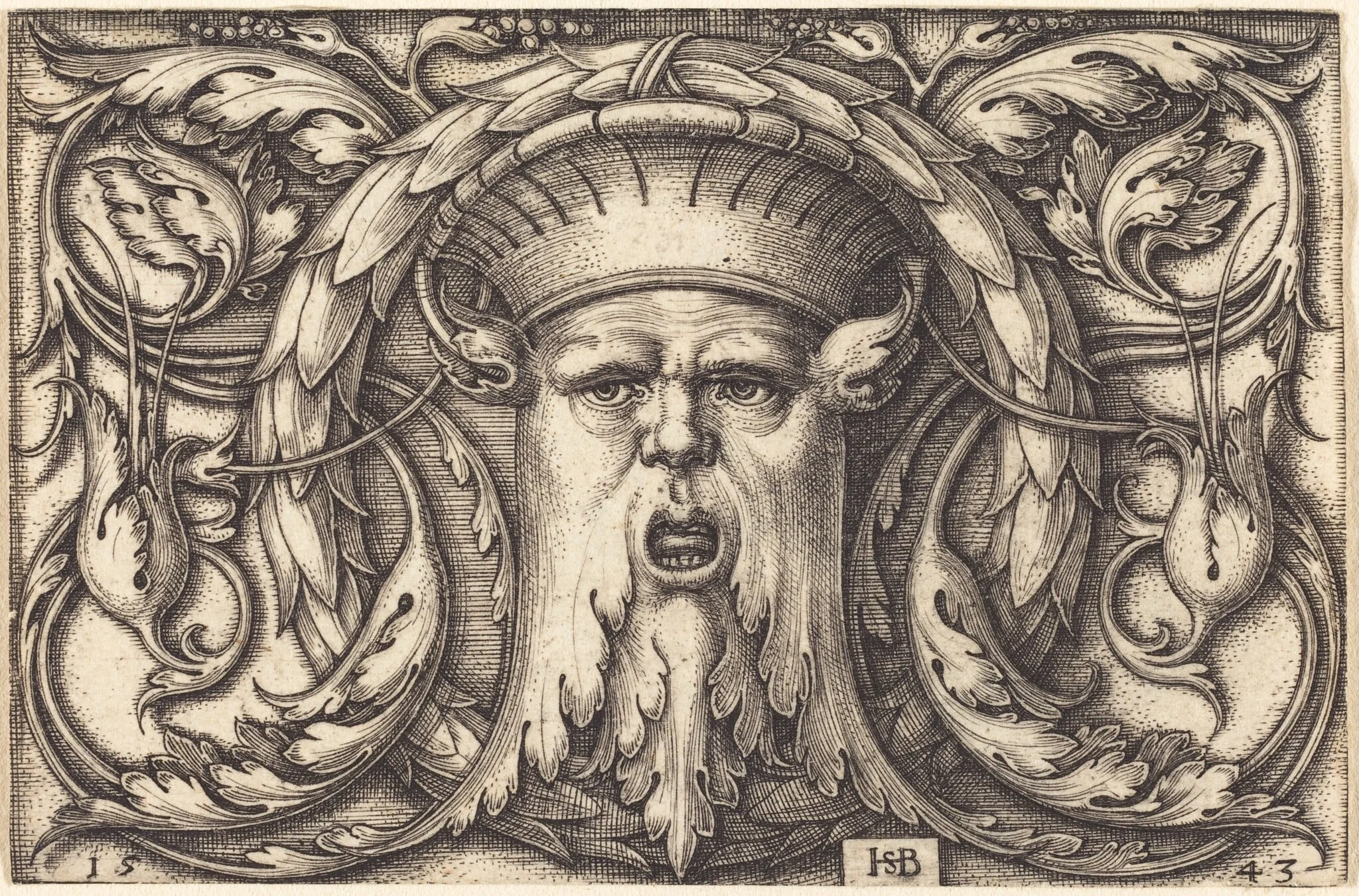 Ornament Panel with a Large Bearded Mask, by Sebald Beham, ink, 1543