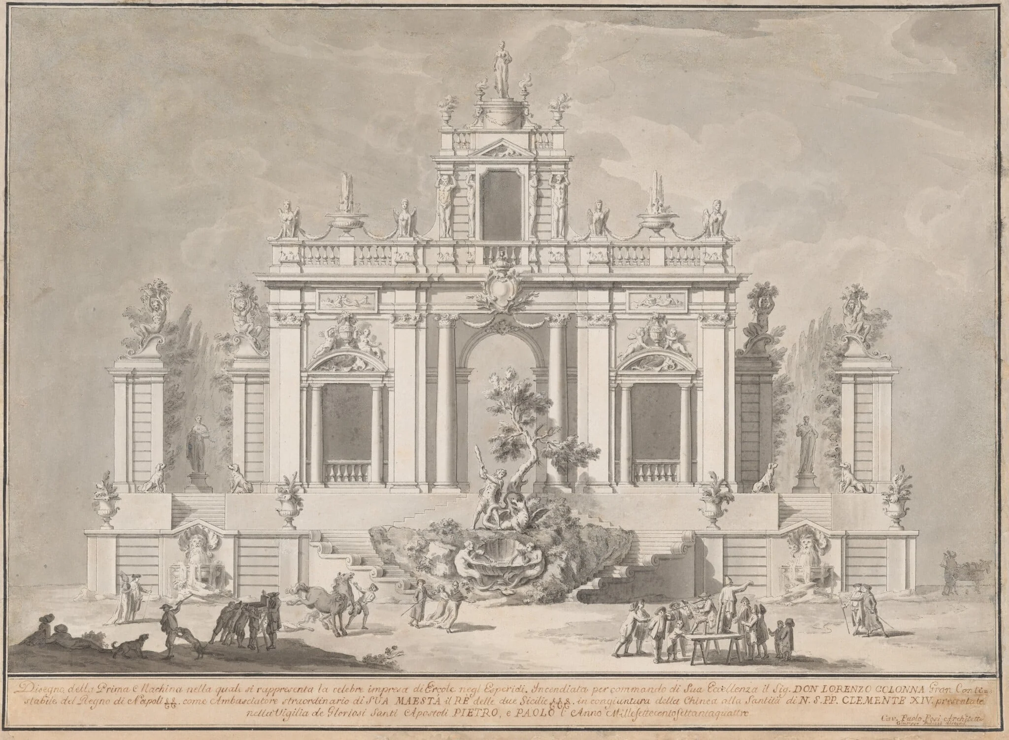 Design for "The Prima Macchina for the Chinea of 1774: Hercules and the Dragon in the Garden of the Hesperides", by Paolo Posi, ink, 1774