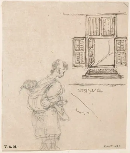 A boatwoman with a child on her back, and a window with shutters opened