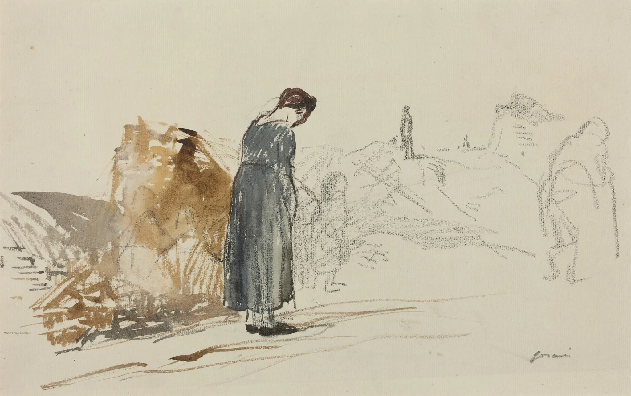 a) Les Allemandes sont partis (recto); b) Sketch of a Man (verso), by Jean-Louis Forain, watercolor, 1916