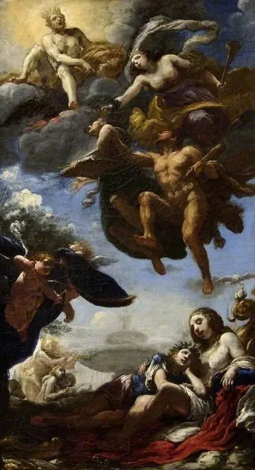 A poet, presented to Jupiter by Hercules, is crowned by Glory, below Venus, Cupid and the poet