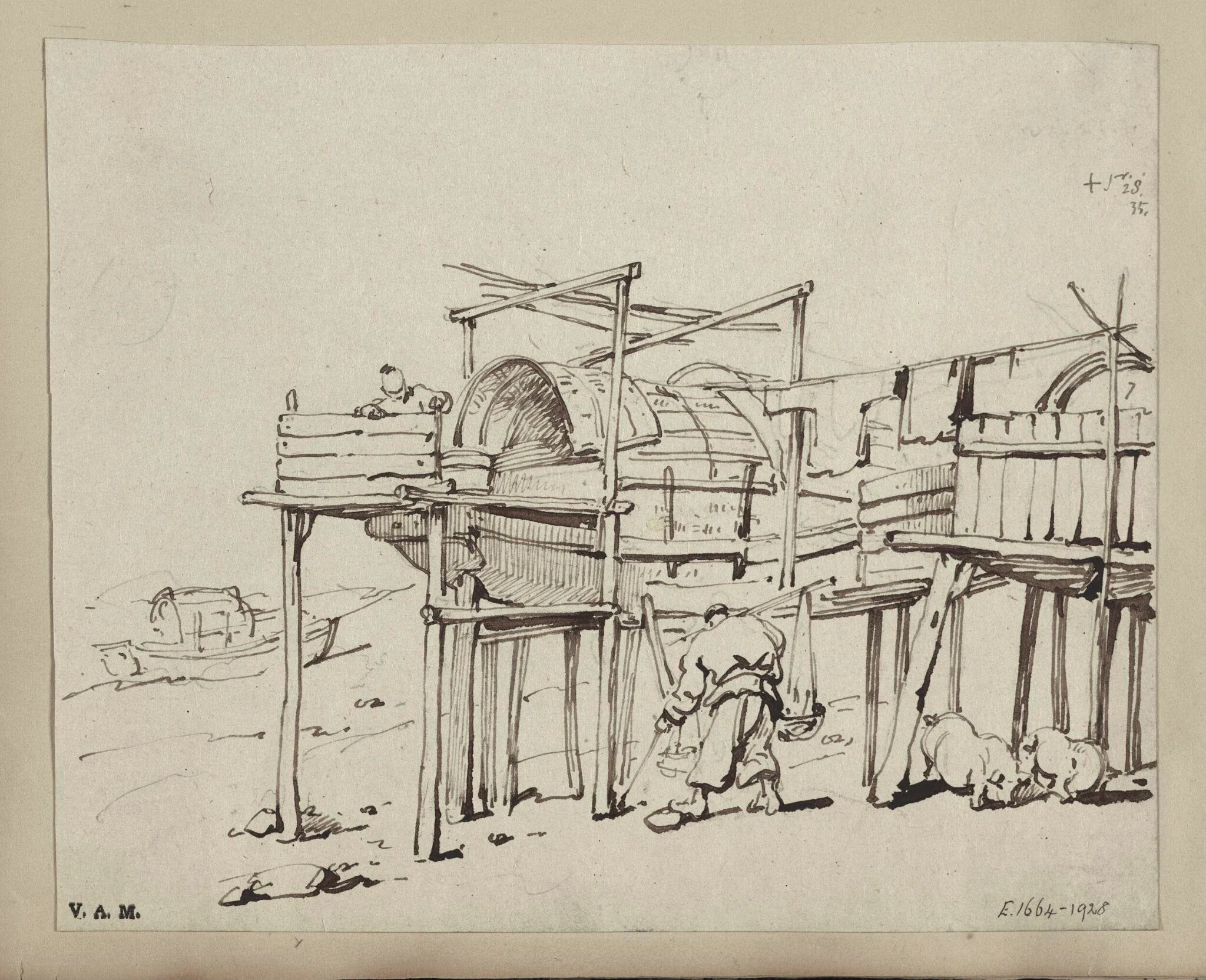Tanka boats raised on stilts, Macau, by George Chinnery, 1835
