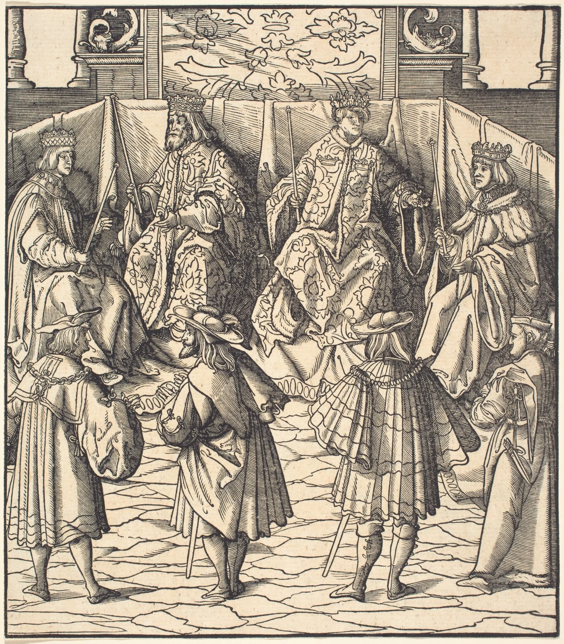 Assembly of Four Kings, in the foreground Four Men, by Leonhard Beck, ink, 1515