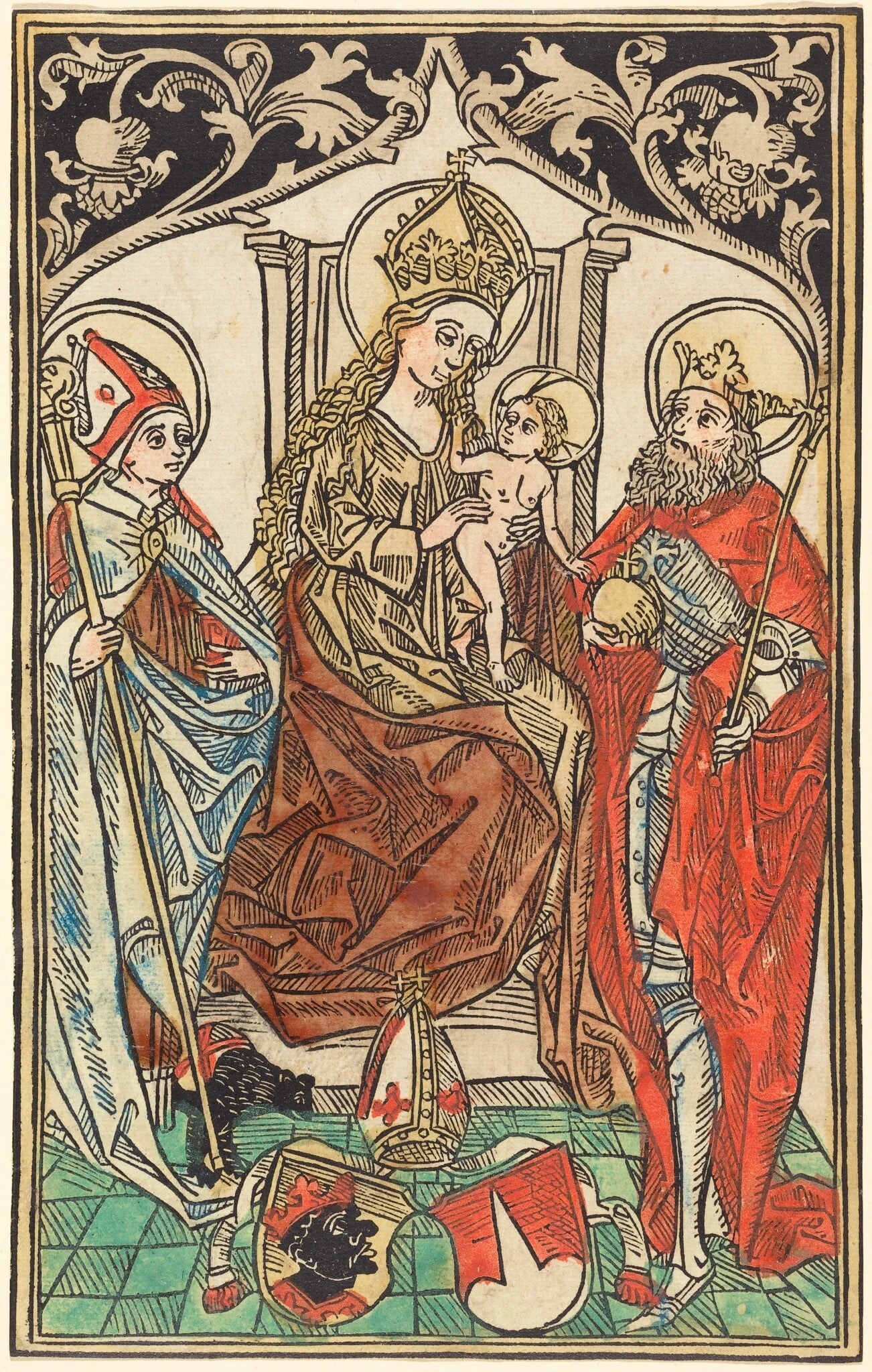 The Madonna and Child Enthroned, with Saints Corbinian and Sigismund, by German 15th Century, ink, 1492
