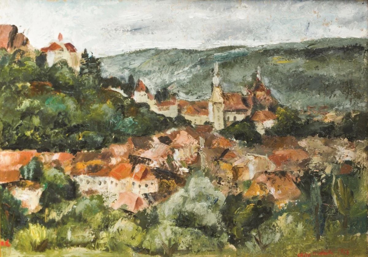 Peisaj cu oraș de munte, by Elena Constante, unspecified