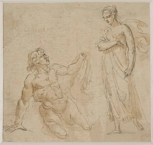 A woman approaching a kneeling man
