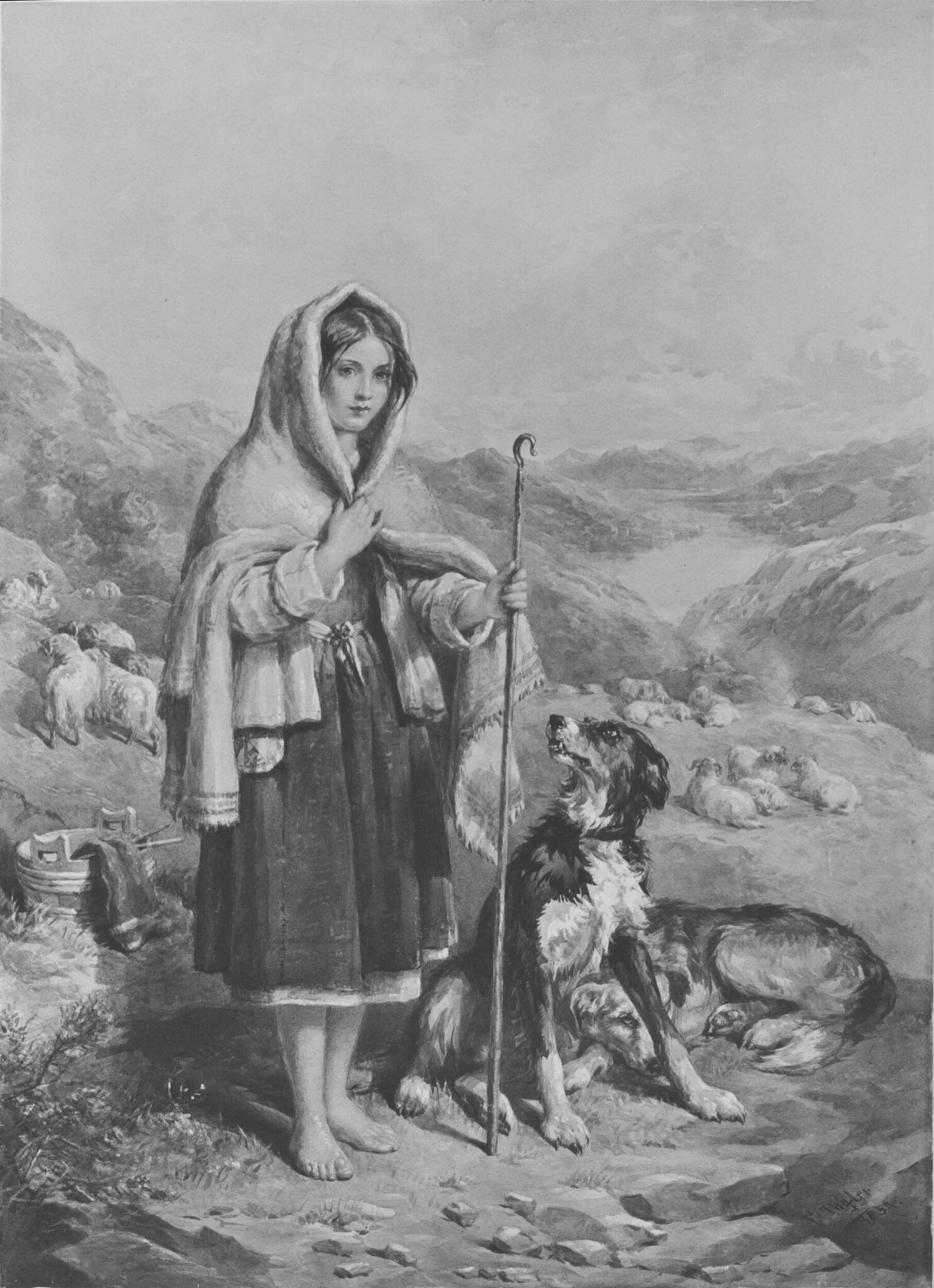 Highland scene with a young shepherd girl tending sheep, by Tayler, watercolor, 1854
