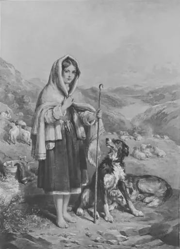 Highland scene with a young shepherd girl tending sheep