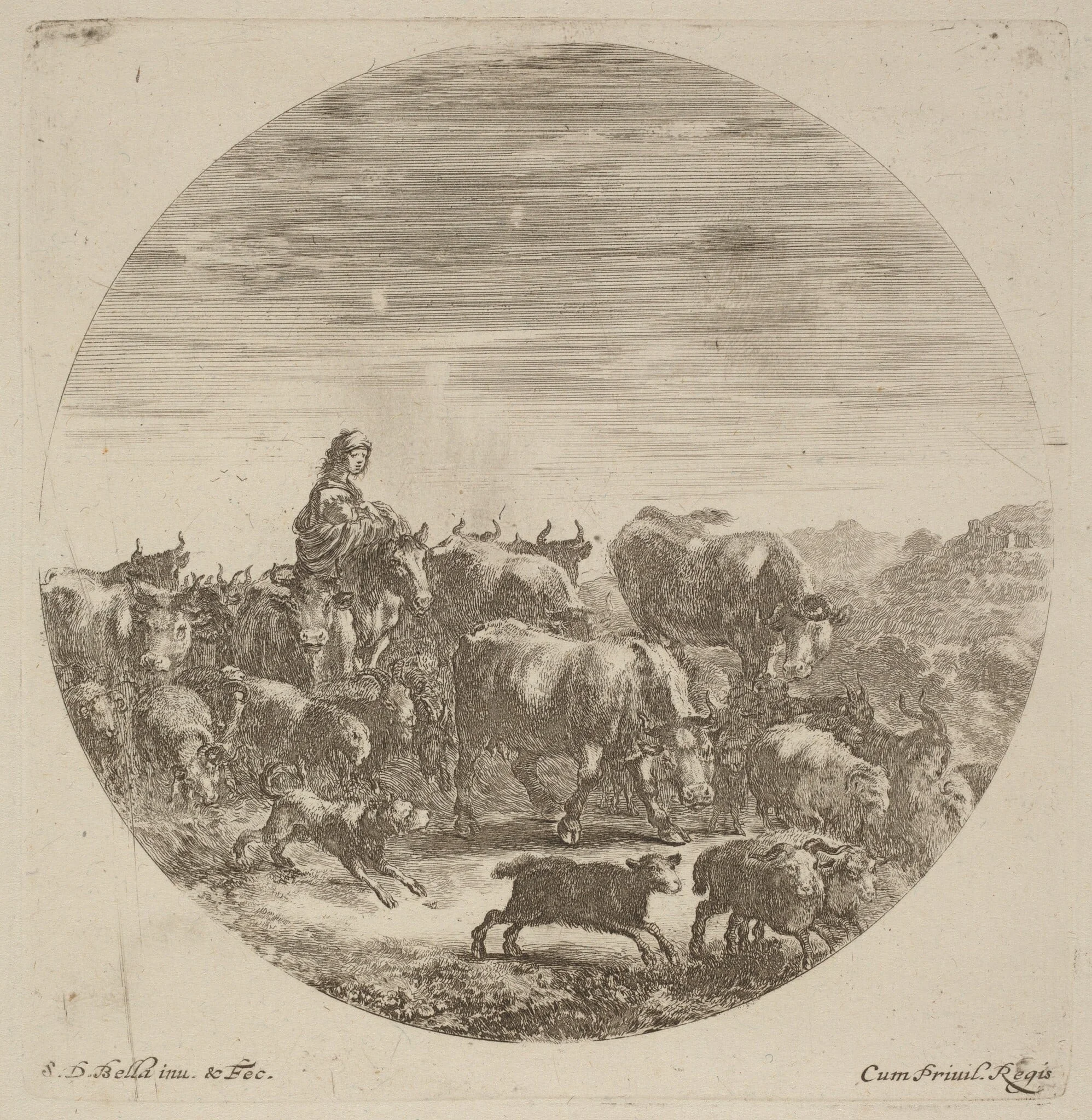 Peasant Seated on a Horse with Cows, Sheep, and Goats, by Stefano Della Bella, ink, 1637