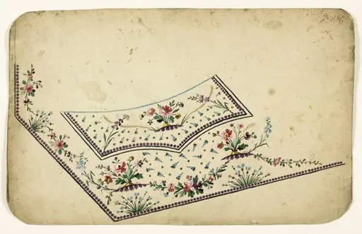 Composition de bouquets et guirlandes de fleurs, frises de perles pourpres et semis de motifs coniques bleus