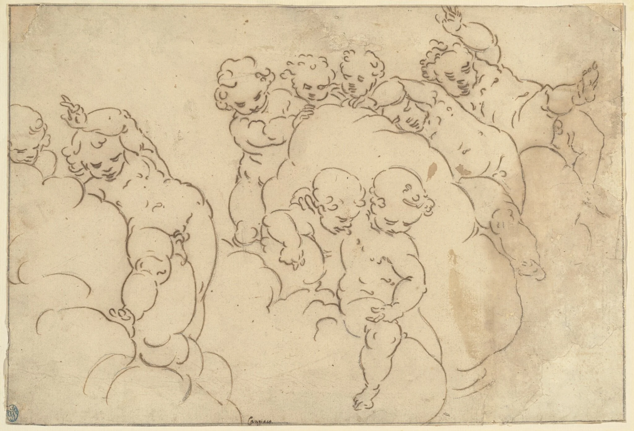 Putti in the Clouds, by Italian 17th - 18th century, chalk, 1601