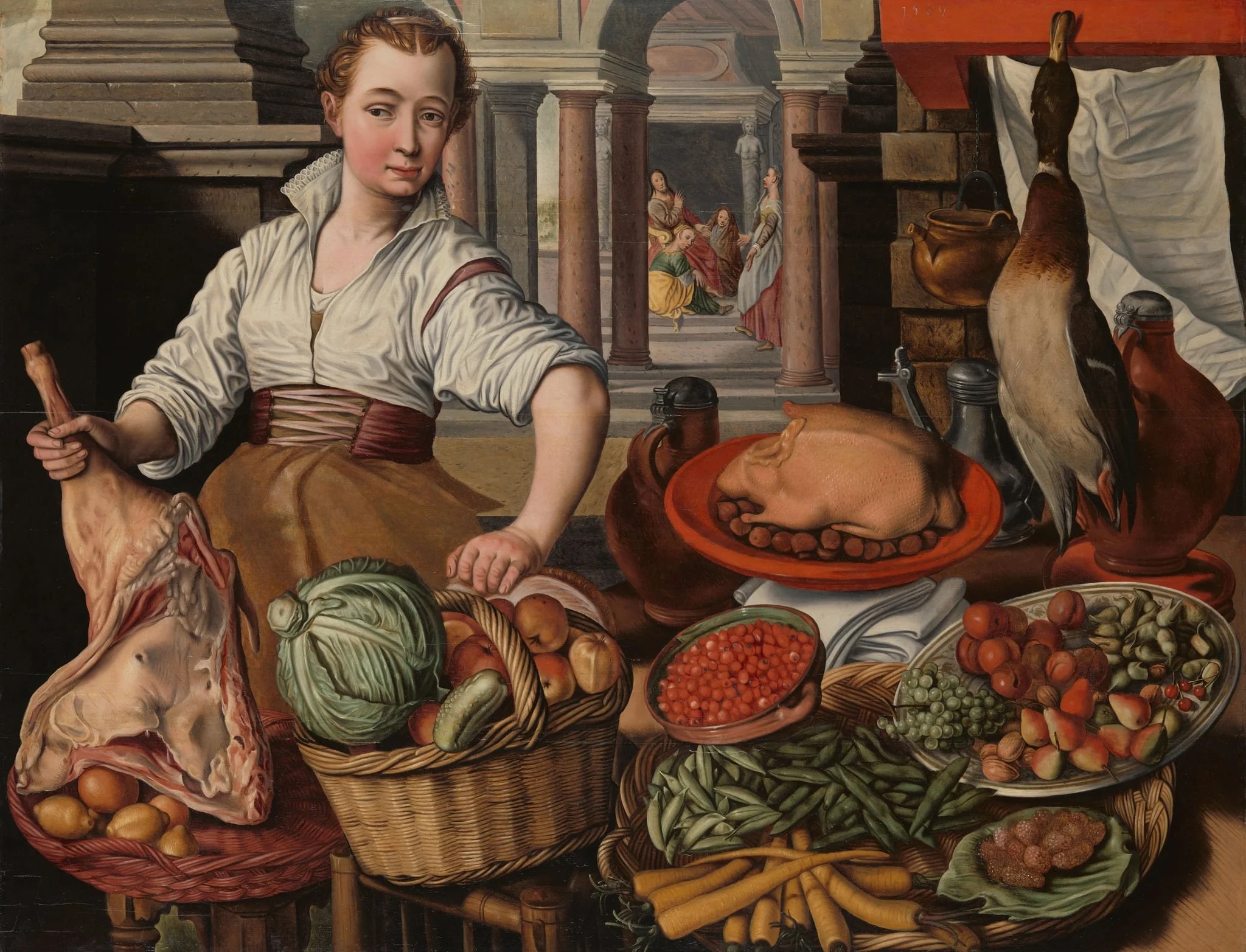 Kitchen Scene, with Jesus in the House of Martha and Mary in the background, by Unknown, unspecified, 1569