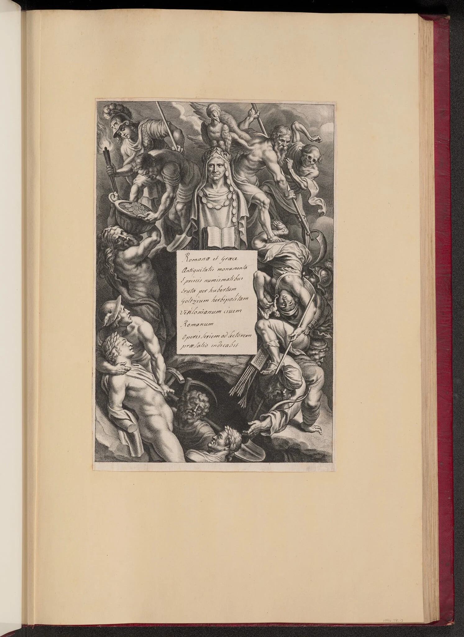 Title Page for Hubert Goltzius, Romanae et Graecae Antiqvitatis Monvmenta (Opera Omnia, I), by Cornelis Galle I, ink, 1645