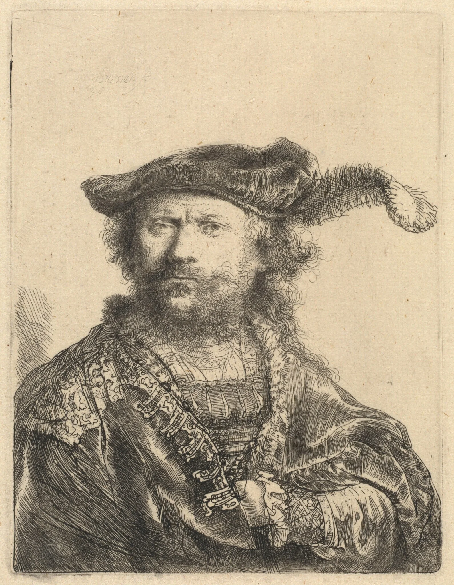 Self-Portrait in a Velvet Cap with Plume, by Rembrandt, ink, 1638