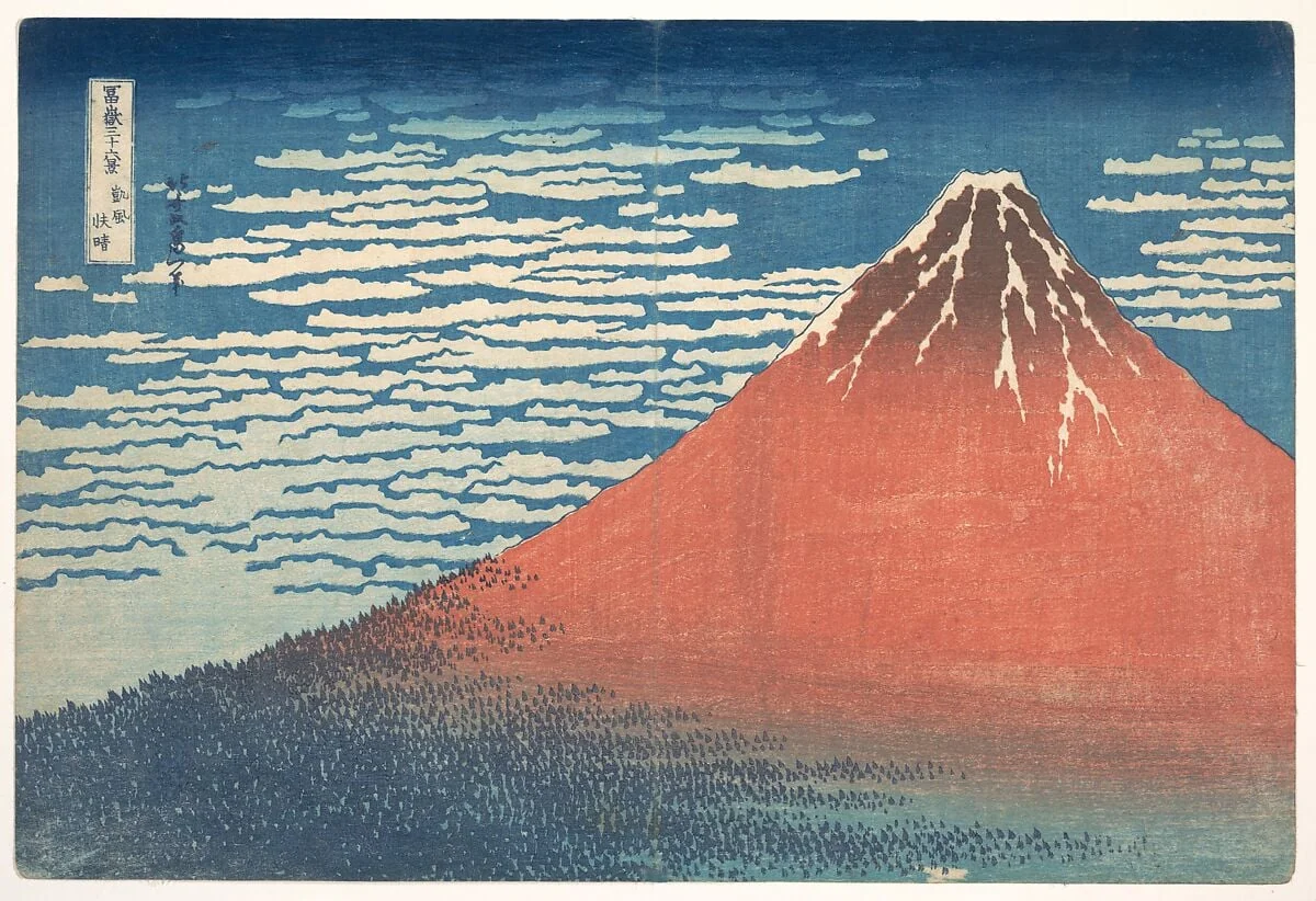 冨嶽三十六景　凱風快晴|South Wind, Clear Sky (Gaifū kaisei), also known as Red Fuji, from the series Thirty-six Views of Mount Fuji (Fugaku sanjūrokkei), by Katsushika Hokusai, ink, 1831