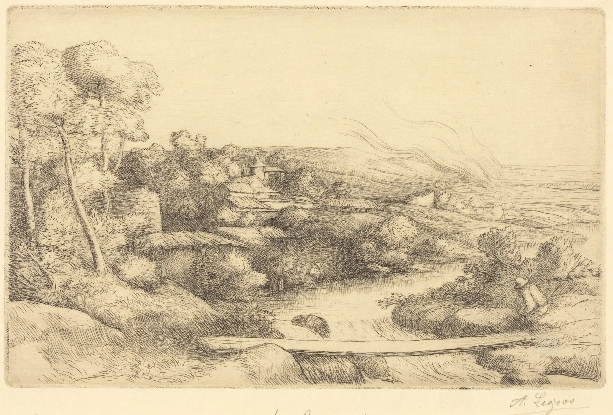 Footbridge (La passerelle), by Alphonse Legros, ink, 1874