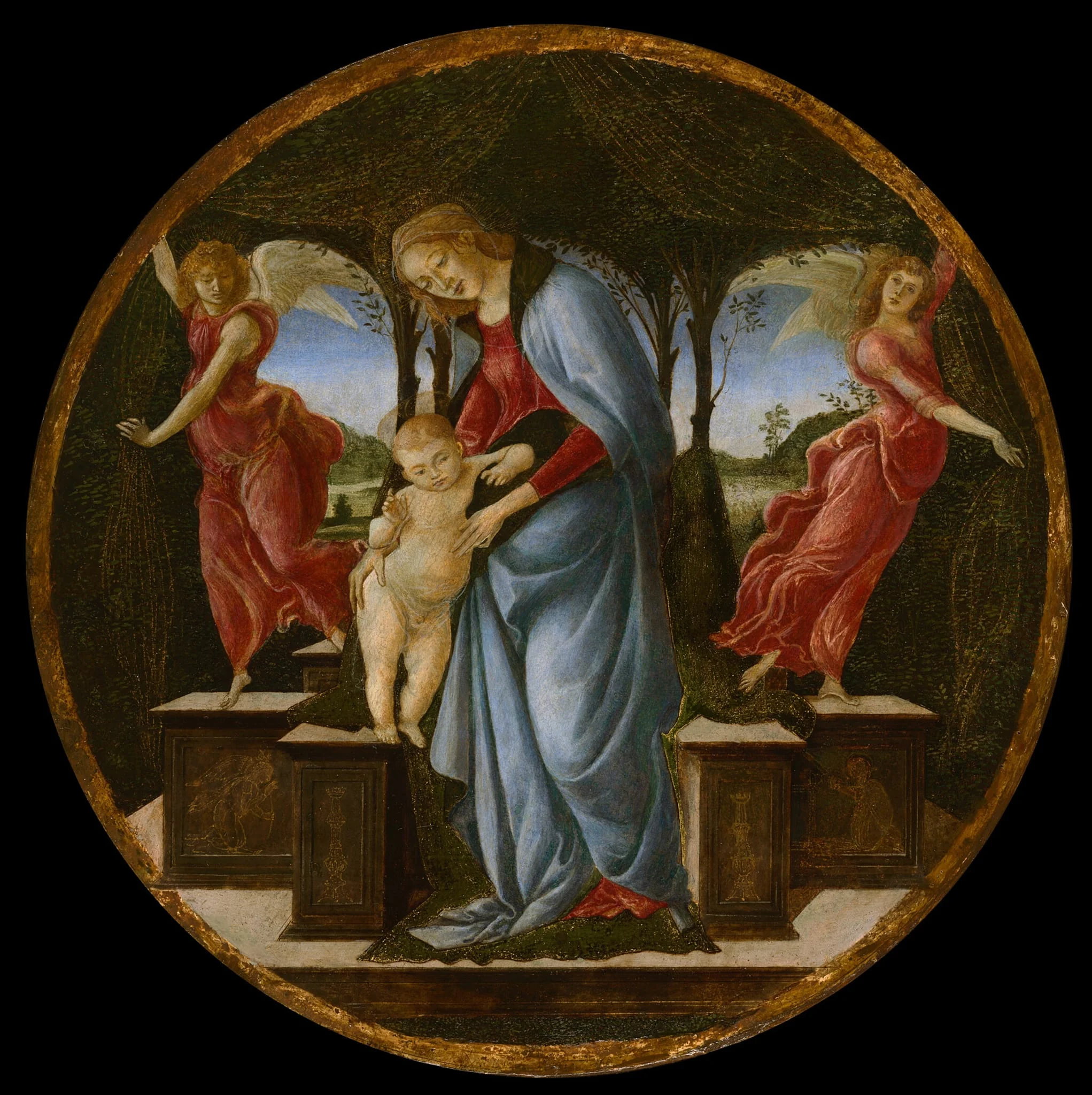 Virgin and Child with Two Angels, by Sandro Botticelli, tempera, 1490