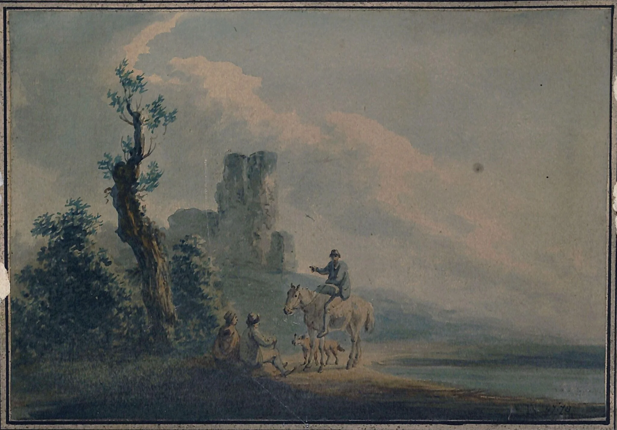 Landscape with ruined castle and figures, by La Cave, watercolor, 1802